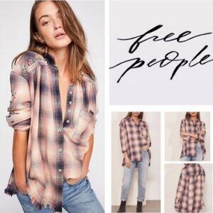 Free People Take On Me Plaid Studded Buttondown Shirt Small Indigo Combo